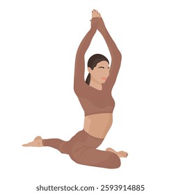 A light-skinned girl in pastel clothes on a white background is doing yoga. Vector illustration