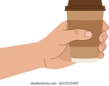 A light-skinned hand firmly grips a brown disposable coffee cup with a dark brown lid, illustrating a simple moment of taking a beverage in a clean, minimal style.