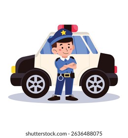 Light-skinned male policeman in work uniform stands at the police car. Vector graphic.