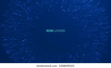 Lightspeed particle futuristic background - effect zooming space. Radial explosion tech digital environment blue background