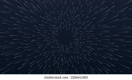 Lightspeed travel background. Metaphor for acceleration of spacecraft in space, supersonic jump. Modern technologies and innovations. Galaxy and cosmos exploration. Cartoon flat vector illustration