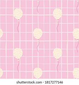 Lightt pastel seamless patten with simple balloons shapes. Birthday elements with dashes on pink chequered background. Designed for wallpaper, textile, wrapping, fabric print. Vector illustration.