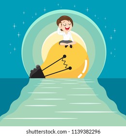 lightulb saves businesswoman survive from drowning in sea, illustration vector cartoon
