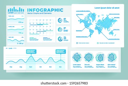 Lightweight, airy modern design of dashboard infographic elements. Big data visualization. Example of pie, bar graphs, calendar, social indicators, data on a world map.