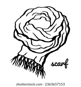 Lightweight autumn folded scarf. Doodle outline fashionable outwear clothes for cozy fall poster, market, online shop, season sale designs. Vector illustration isolated on white.