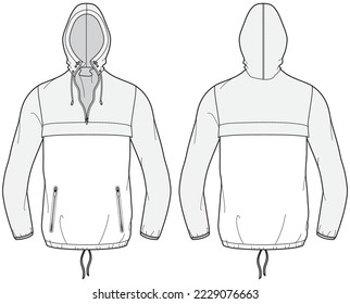 Lightweight cagoule Hoodie jacket design flat sketch Illustration, popover Hooded jacket with front and back view, Anorak winter jacket for Men and women. for hiker, outerwear and workout in winter