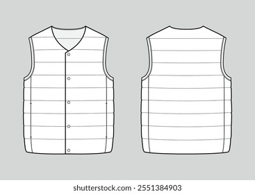 Lightweight collarless down gilet. Padded vest. Technical vector sketch. Mockup template.