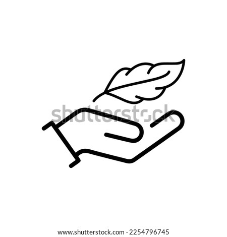 Lightweight Feather on Hand Line Icon. Soft Delicate Sensitive Plumelet Linear Pictogram. Light Weight Outline Symbol. Easy Smooth Feather. Editable Stroke. Isolated Vector Illustration.