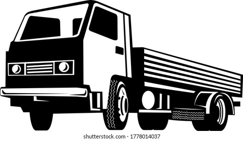 Lightweight Flatbed Truck Viewed from Low Angle Retro Black and White 