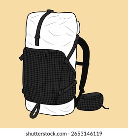 Mochila de caminhada leve com tecido branco e tiras pretas é apresentado em uma ilustração vetor simples e limpa com um fundo bege adequado para aventura ou projetos relacionados ao ar livre