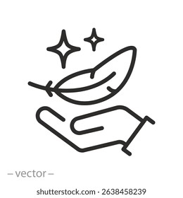 lightweight icon, feather on hand, sensitive skin, soft impact, skin care, thin line symbol on white background - editable stroke vector illustration eps 10