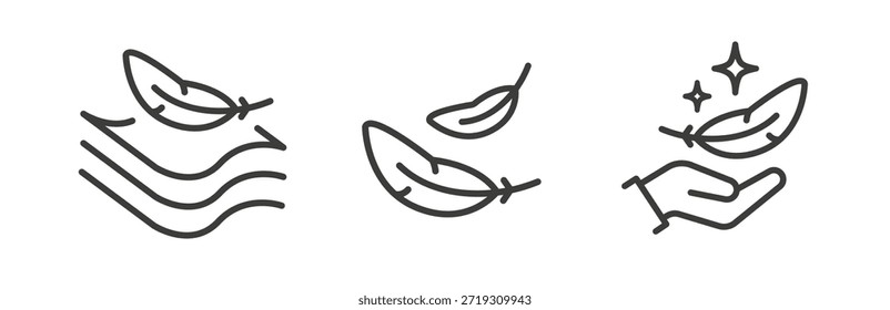 Conjunto de ícones leve, pluma na palma da mão, conceito de peso leve, superfície de toque suave, ilustração de vetor de arte de linha