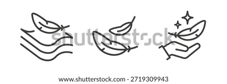 Lightweight icon set, feather on hand palm, light weight concept, soft touch surface, line art vector illustration