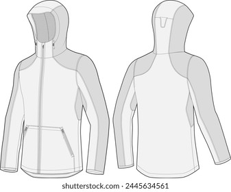 Lightweight jacket technical fashion illustration front and back views. Long sleeve lightweight outerwear design with kangaroo pocket.