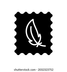 Lightweight label glyph icon. Feather in label. Fabric feature. Smooth textile. Black symbol. Isolated vector stock illustration
