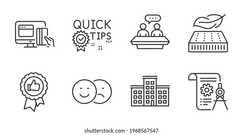 Lightweight mattress, Company and Positive feedback line icons set. Employees talk, Like and Online payment signs. Divider document, Quick tips symbols. Sleeping pad, Building, Award medal. Vector