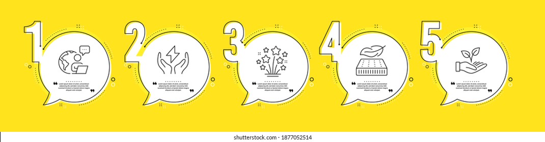 Lightweight mattress, Fireworks stars and Safe energy line icons set. Timeline process infograph. Helping hand sign. Sleeping pad, Pyrotechnic salute, Thunderbolt. Startup palm. Business set. Vector