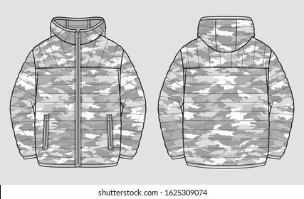 Lightweight puffer jacket  Patterned camo   Technical vector sketch 