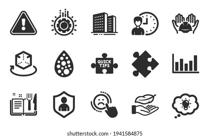 Lightweight, Recipe book and Gear icons set. Artificial colors, Dislike and Builders union signs. Vector