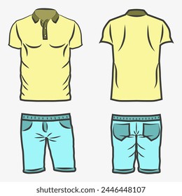 Lightweight shirts and shorts. Front view, back view. Everyday summer clothes. EPS 10.