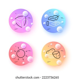 Lightweight, Sun energy and Potato minimal line icons. 3d spheres or balls buttons. Leaves icons. For web, application, printing. Feather nib, Solar power, Fresh vegetable. Nature leaf. Vector
