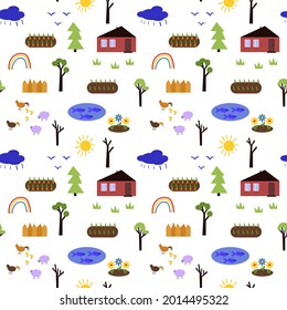 Lightweight vector seamless pattern with rustic motifs. House, lake with fish, trees, beds, chickens, sheep, Flat style. Wallpaper, wrapping paper, fabric. Bright colors on a white background.