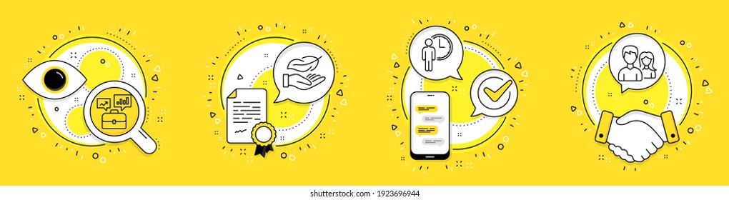 Lightweight, Waiting and Business portfolio line icons set. Licence, cell phone and deal vector icons. Couple sign. Feather nib, Service time, Job interview. Male and female. Business set. Vector