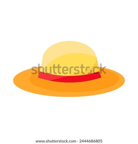 Lightweight woven beach hat for sun protection. Summer panama hat with wide brim. Summer vacation icon. Simple flat cartoon vector isolated on white background