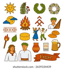 Ligo Festival Icons – Latvian Midsummer Symbols. Icon set featuring traditional Latvian Ligo celebration elements: sun, fire, cheese, kokle, floral wreaths, folklor symbols. Midsummer celebration