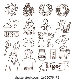 Ligo Festival Line Art Ícones - Símbolos Letões do Verão Médio. Conjunto de ícones de arte de linha com elementos tradicionais letões da celebração de Ligo: sol, fogo, queijo, kokle, grinaldas florais, símbolos folclore