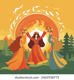 Ligo holiday, Midsummer, Summer solstice, Girls in dress dancing with flowers, sunset. Young women dance Vector illustration