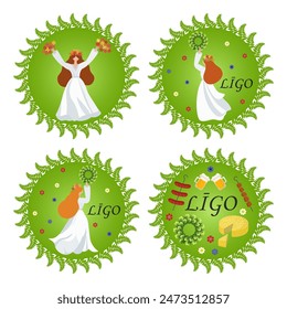 Fiesta del ligo, solsticio de verano, solsticio de verano, niñas en baile de vestir. Ilustración vectorial, pegatinas, emblema, etiqueta, diseño decorativo redondo para la fiesta tradicional popular. Queso ligo, guirnalda de roble, jani