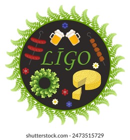 Ligo holiday, Midsummer, Summer solstice, Ligo traditional food: cheese, shashlik, beer. Vector illustration, stickers, emblem, label, round decorative design for folk traditoinal holiday