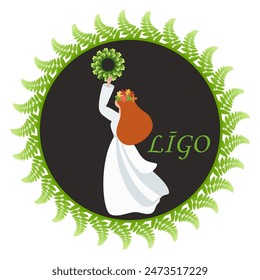 Ligo holiday, Midsummer, Summer solstice, Girl in dress dancing. Vector illustration, sticker, emblem, label, round decorative design for folk traditoinal holiday. Oak wreath - symbol of Jani