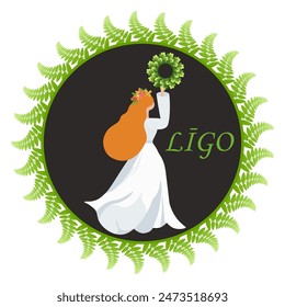 Ligo holiday, Midsummer, Summer solstice, Girl in dress dancing. Vector illustration, sticker, emblem, label, round decorative design for folk traditoinal holiday. Oak wreath - symbol of Jani