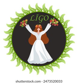 Ligo holiday, Midsummer, Summer solstice, Girl in dress dancing. Vector illustration, sticker, emblem, label, round decorative design for folk traditoinal holiday