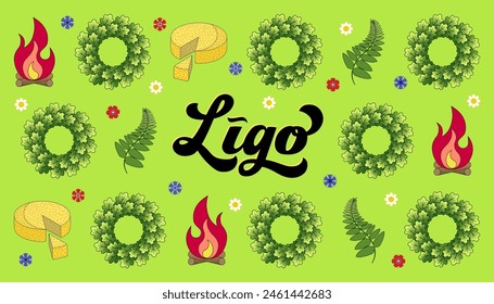 Ligo holiday picnic set vector illustration, Ligo lettering vector art, oak wreath, ligo cheese, shashlik, beer. Latvian traditional Ligo holiday celebration, Midsummer holiday