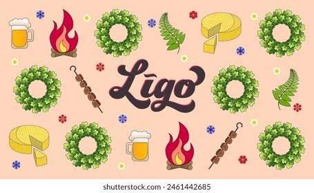 Ligo holiday picnic set vector illustration, Ligo lettering vector art, oak wreath, ligo cheese, shashlik, beer. Latvian traditional Ligo holiday celebration, Midsummer holiday