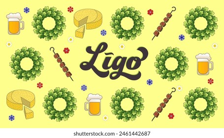 Conjunto de picnic de vacaciones de ligo Ilustración vectorial, Arte vectorial de letras de ligo, corona de roble, queso de ligo, shashlik, cerveza. Celebración tradicional letona de vacaciones de Ligo, vacaciones de verano