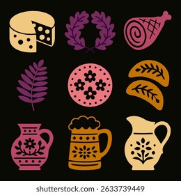 Ligo Midsummer Icons – Dark Folk Edition. Includes oak wreaths, fern, cheese, beer, meat and stylized floral motifs. Pink, violet and yellow. Fresh look to ancient Latvian midsummer traditions.