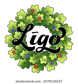 Ligo oak wreath with flowers logo vector illustration, lettering.  Midsummer, summer Solstice