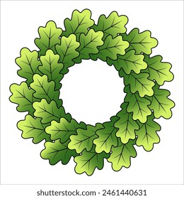 Ligo oak wreath vector illustration, symbol of  Ligo - latvian traditional Midsummer folk holiday. Green oak leaves on white background, leaves with gradient and black outline