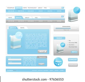 Ligth Blue Web design elements collection - web templates, frames, bars,  icons, bannes, login forms, buttons.