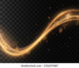 Ligth effects, waves. Golden, glittering magic gold particles isolated on transparent background.  Sparkling light trails. Futuristic Flash. Glowing shiny spiral lines effect. Vector 