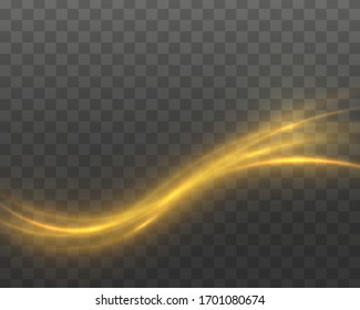 Ligth effects, waves. Golden, glittering magic gold particles isolated on transparent background.  Sparkling light trails. Futuristic Flash. Glowing shiny spiral lines effect. Vector 