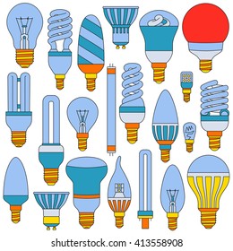 Ligth lamps set. Colored outlined icons isolated on the white. Vector illustration.