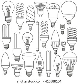 Ligth lamps set. Outlined icons isolated on the white. Vector illustration.