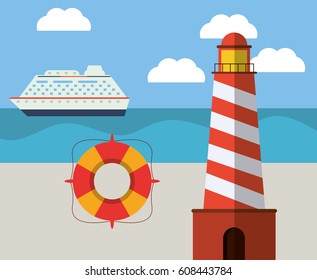 ligthouse beach lifebuoy ship ocean