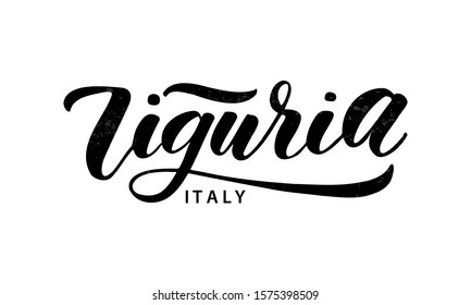 Liguria hand drawn lettering. Liguria region of Italy. Leterring design for poster, banner, postcard. Vector illustration.