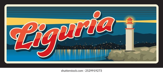 Liguria Región italiana, Italia placa de viaje retro y pegatina. Placa de Vector de destino de viaje de Italia, Anuncio con baliza de mar, faro en letrero de roca. Etiqueta del equipaje con el Lugar famoso de la ciudad